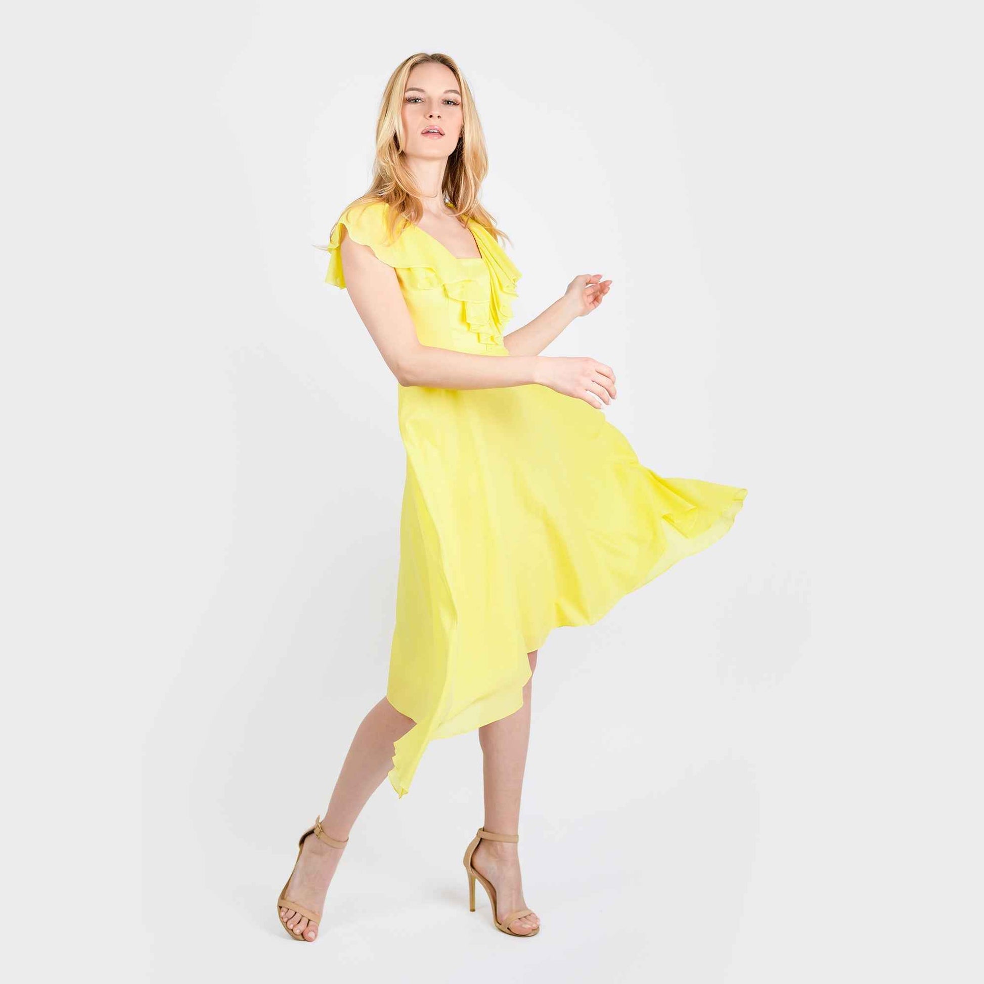 CN7177 Ruffled Nkline Sharkbite Hem Dress