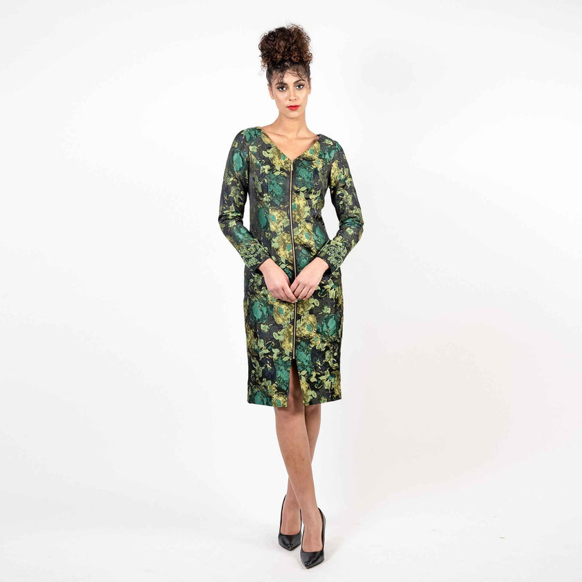 The Beaded Sleeves Front Zip Midi Classic