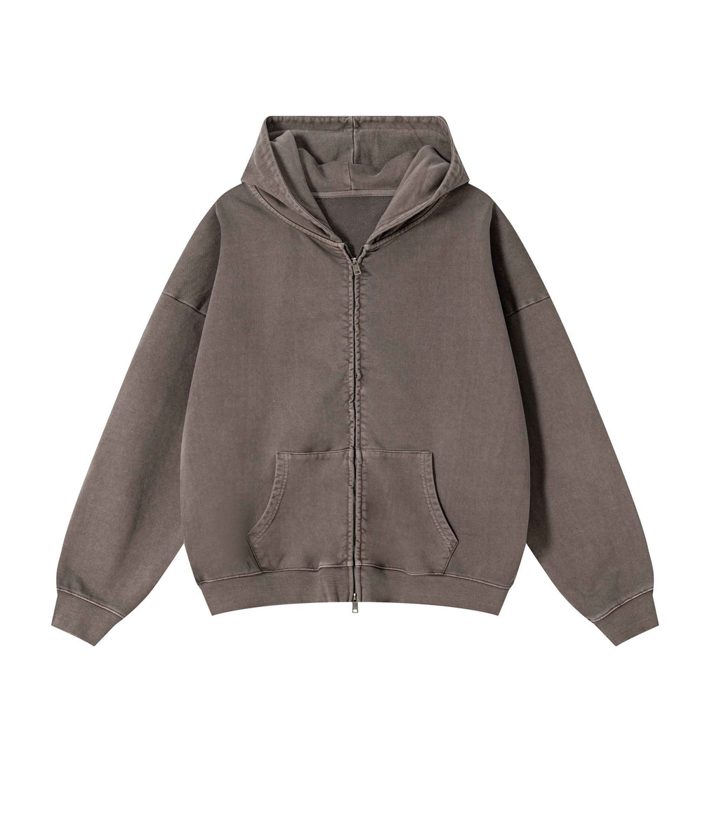 BROWN VINTAGE WASH ZIP HOODIE
