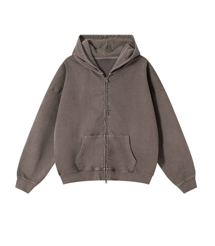 BROWN VINTAGE WASH ZIP HOODIE