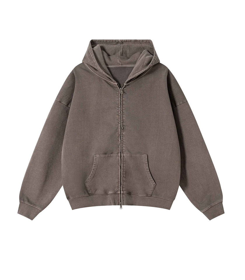 BROWN VINTAGE WASH ZIP HOODIE