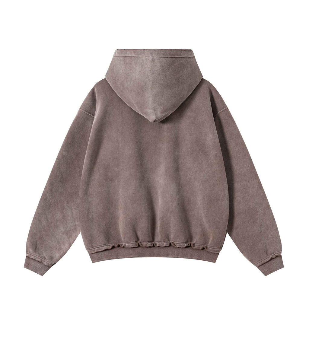 BROWN DISTRESSED ZIP HOODIE