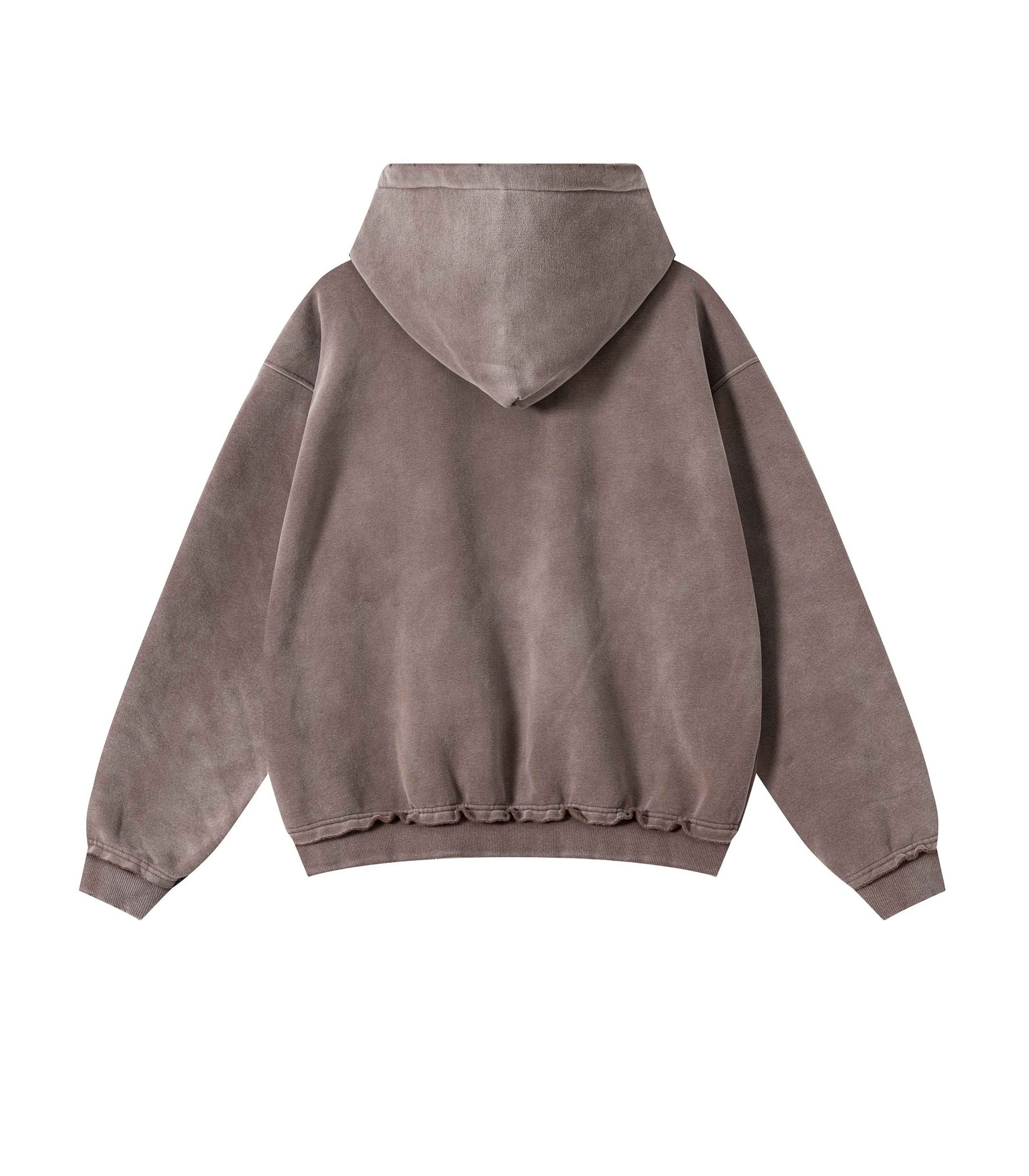BROWN DISTRESSED ZIP HOODIE