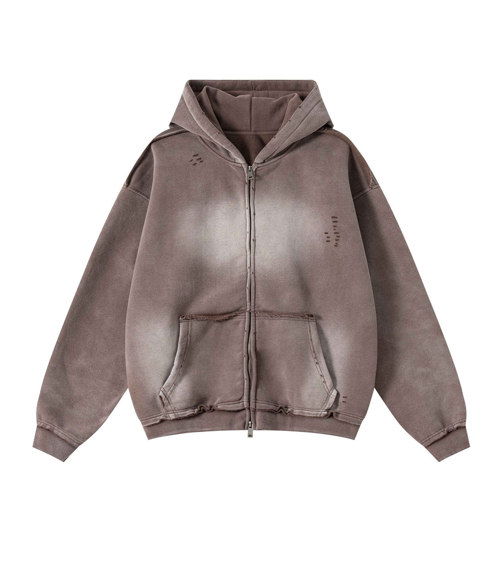 BROWN DISTRESSED ZIP HOODIE