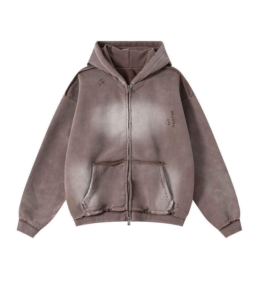 BROWN DISTRESSED ZIP HOODIE