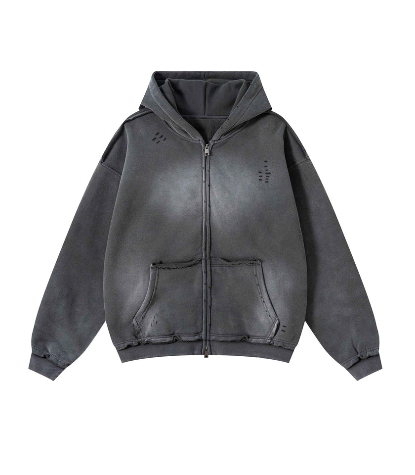 CHARCOAL DISTRESSED ZIP HOODIE