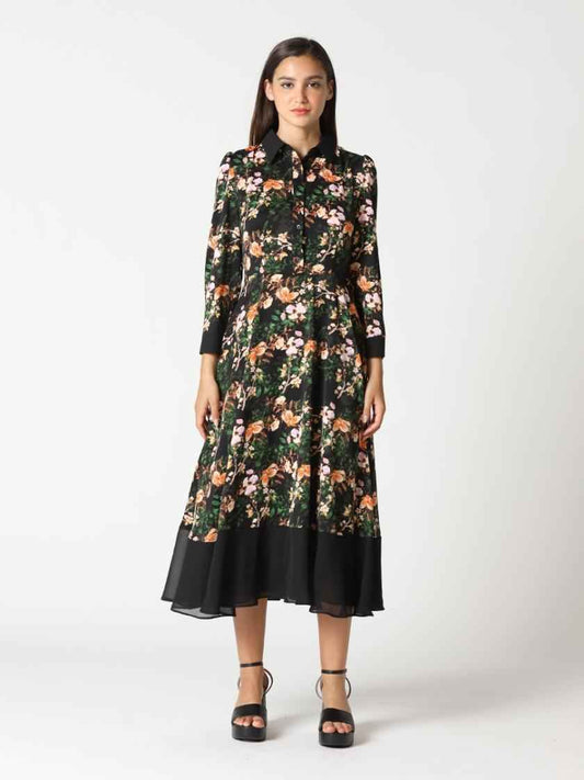 Gracia Floral Blocked Front-Button Collor Flare Dress D34449