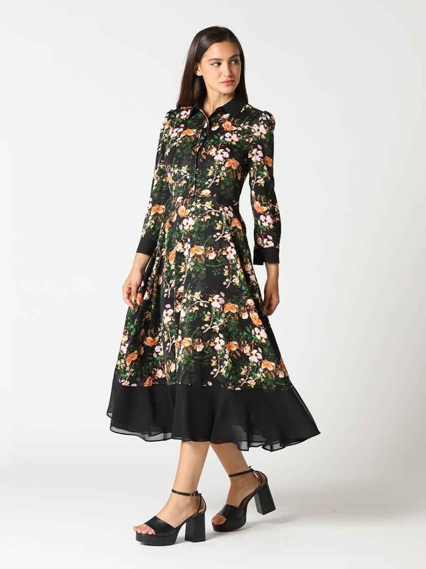 Gracia Floral Blocked Front-Button Collor Flare Dress D34449