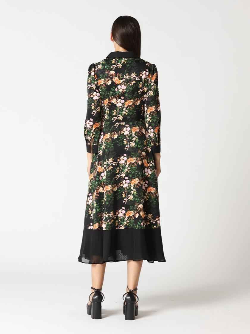 Gracia Floral Blocked Front-Button Collor Flare Dress D34449