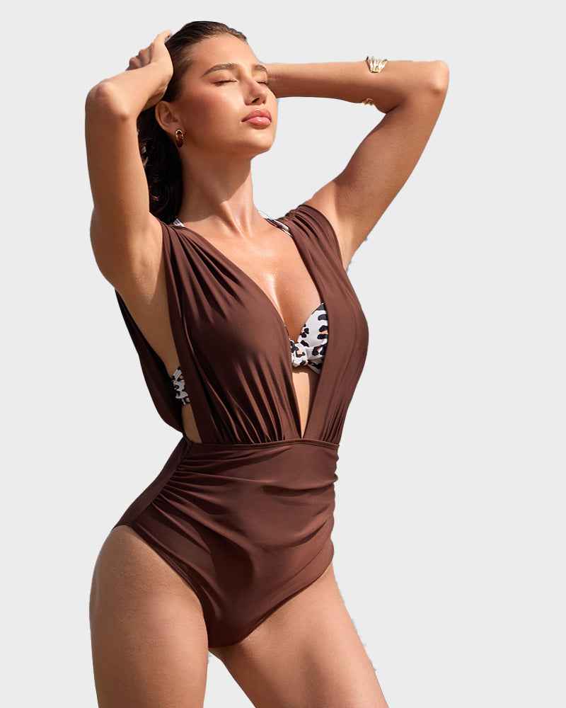 Two-Piece Deep Plunge Swimsuit with Halter Bra Overlay