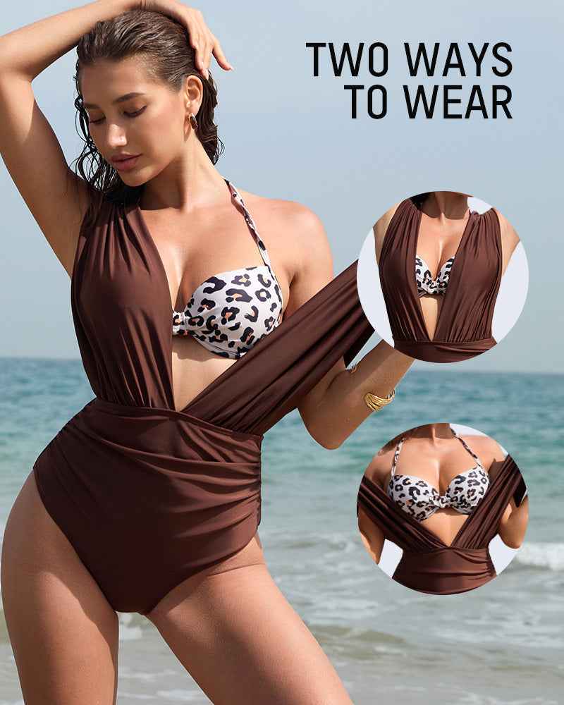 Two-Piece Deep Plunge Swimsuit with Halter Bra Overlay