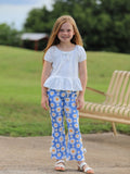 White Top And Daisy-Print Flared Pants Girl's Outfit