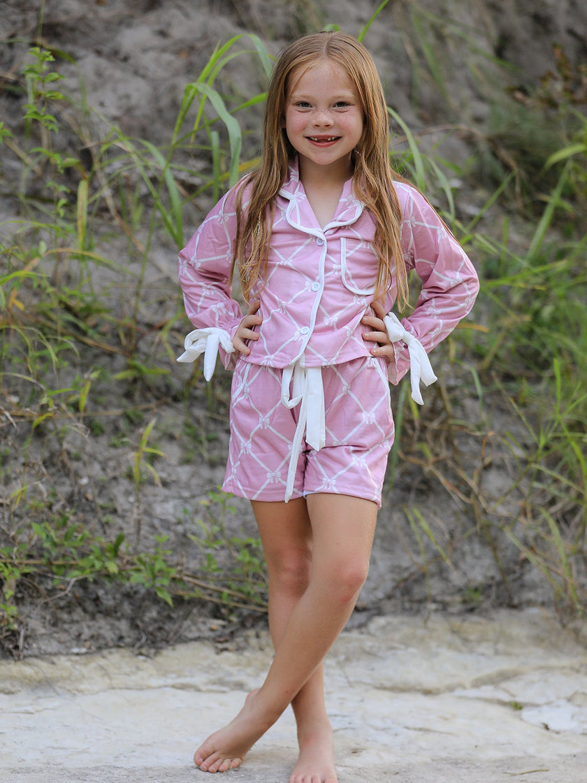 Mommy & me Autumn Check Bow Girls Lapel Pajamas