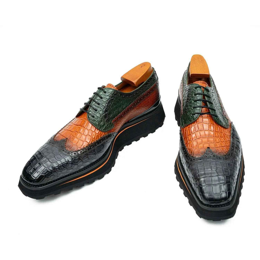 Genuine Crocodile Leather Handmade Grey Brown Brogue Shoes