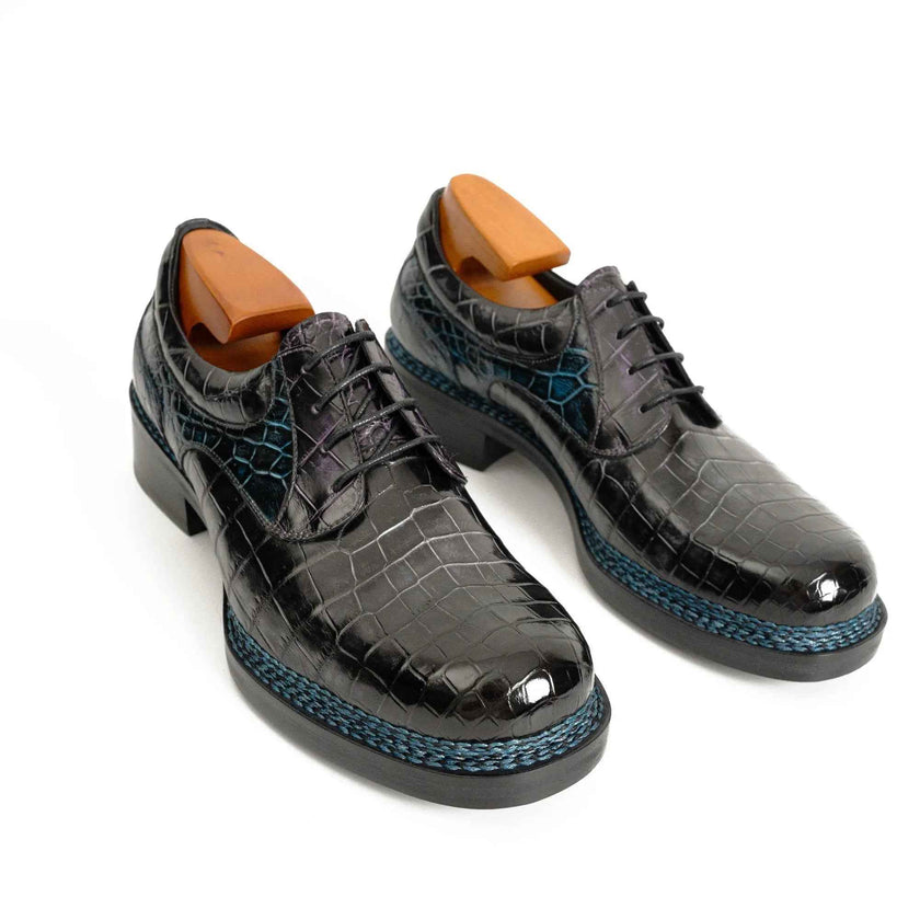 Handcrafted Nile Crocodile Derby Shoes Norwegian Stitch
