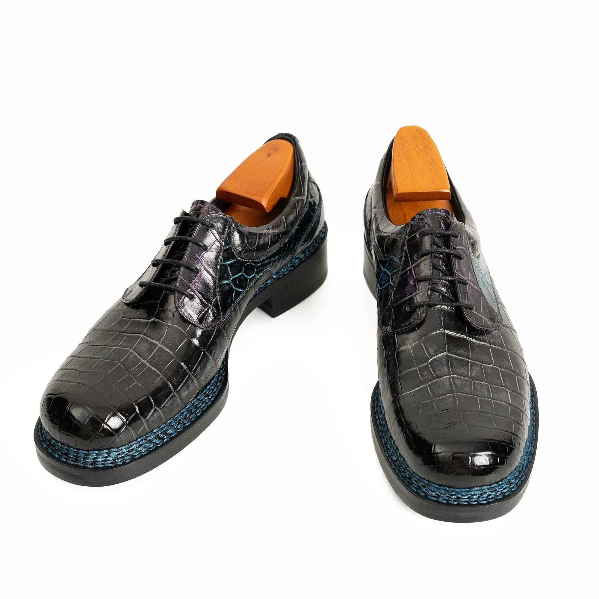 Handcrafted Nile Crocodile Derby Shoes Norwegian Stitch