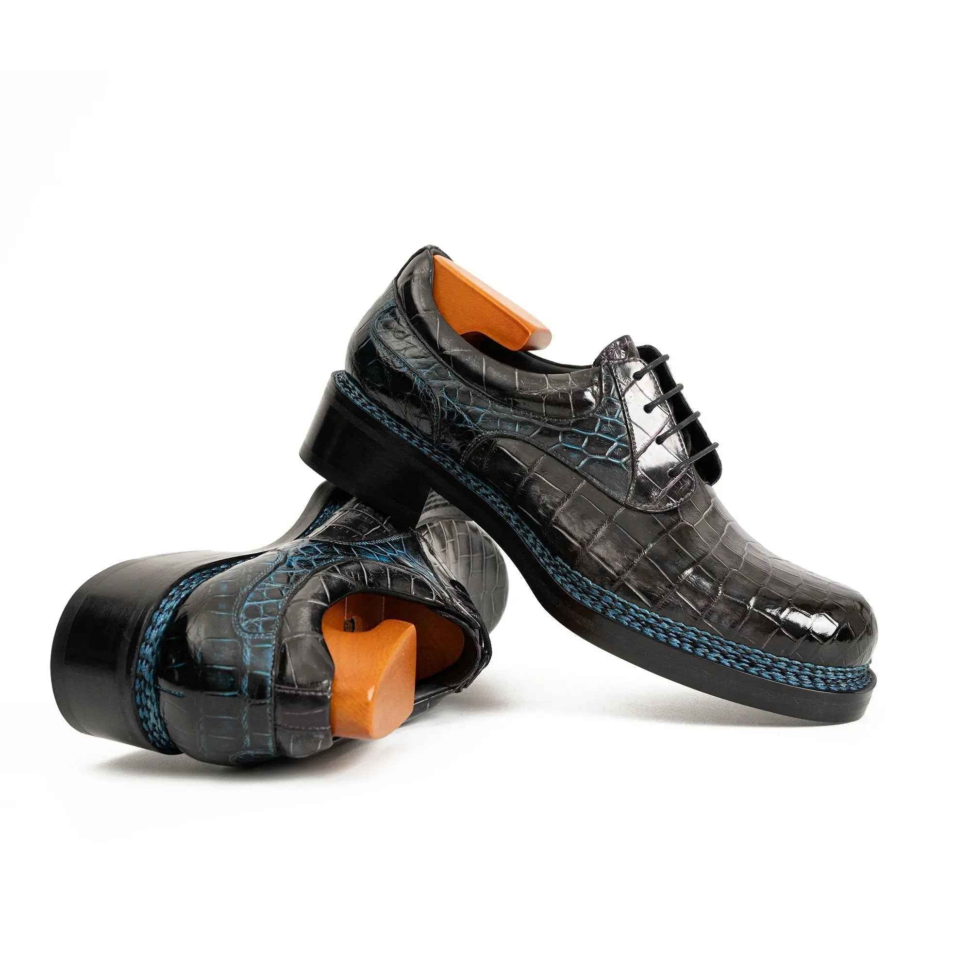 Handcrafted Nile Crocodile Derby Shoes Norwegian Stitch