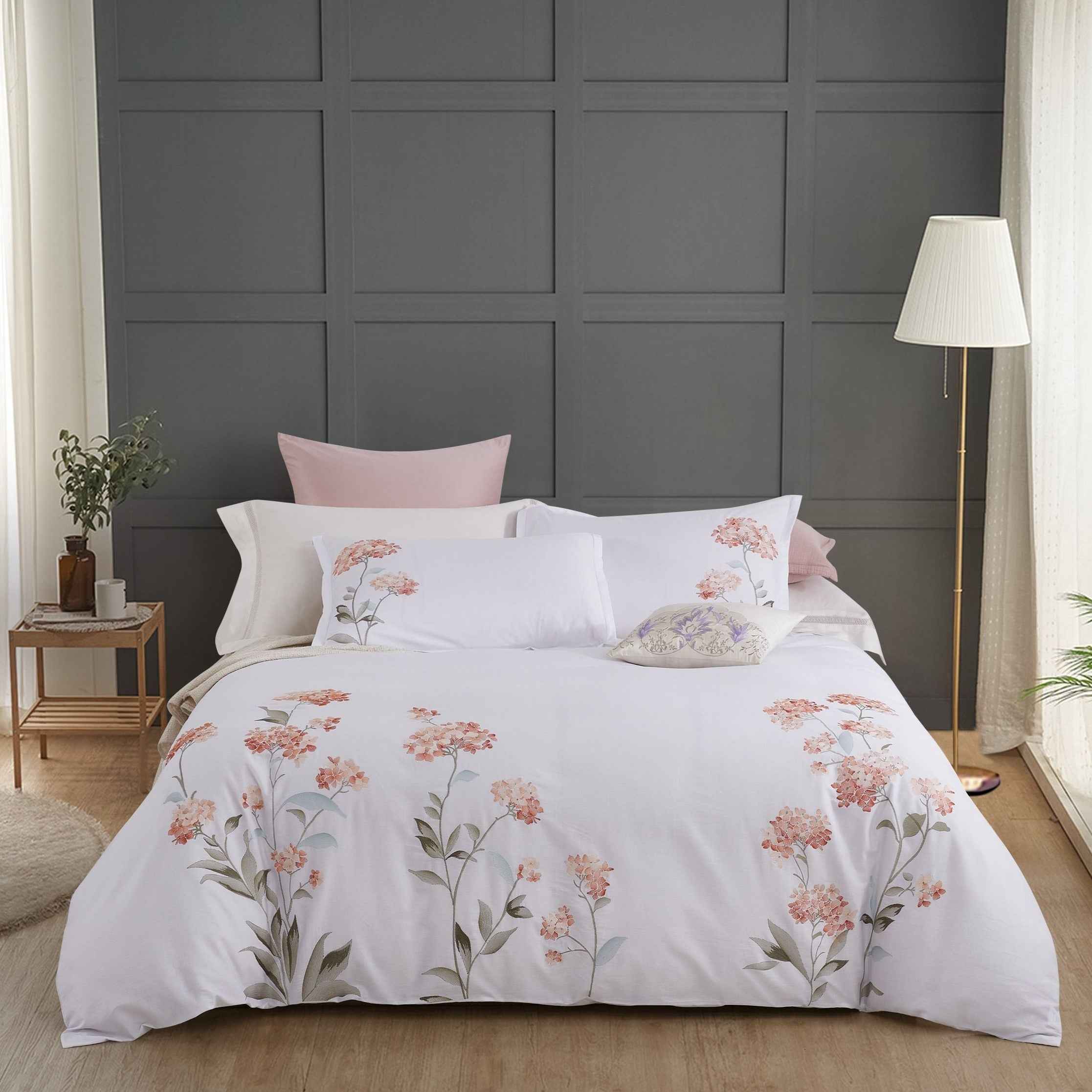 Hydrangea 100% Cotton Embroidered Duvet Cover Set