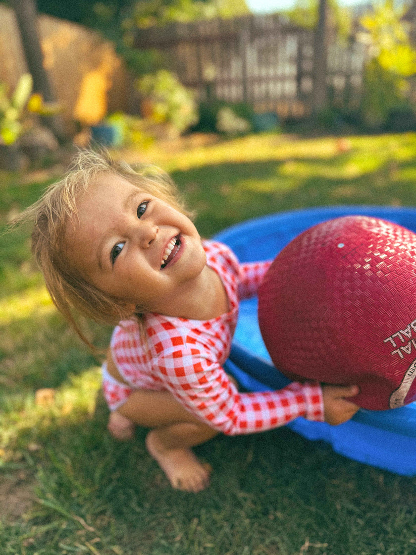 Stevie Two Piece Kids Swimsuit - Guava Gingham