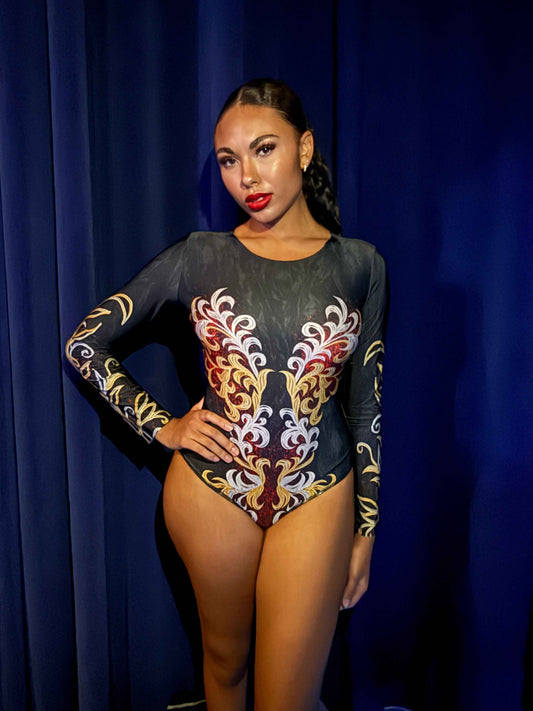 GOLD LACE One-Piece Swimsuit / Bodysuit with sleeves