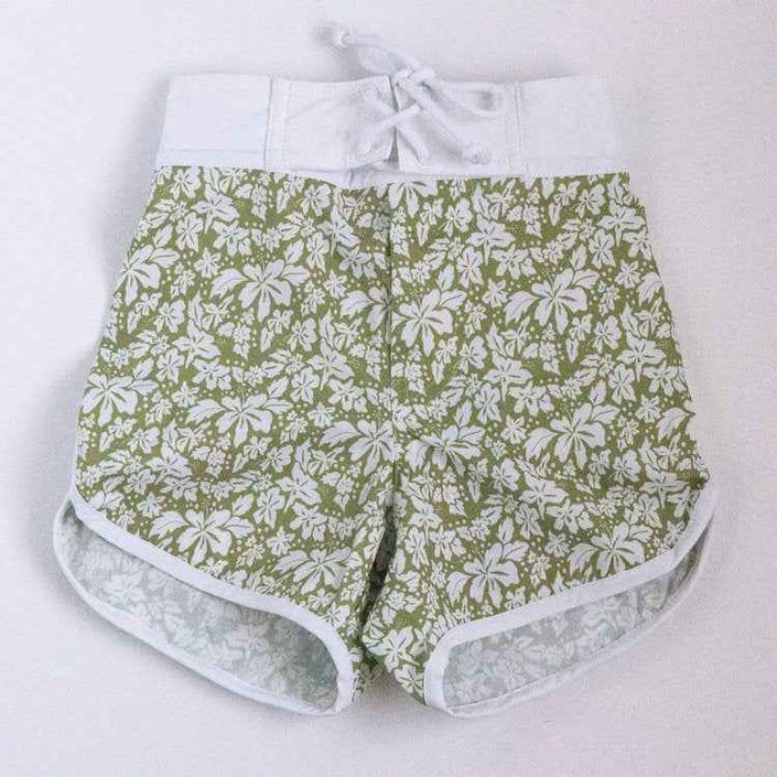 Green Hibiscus Kids Surf Shorts