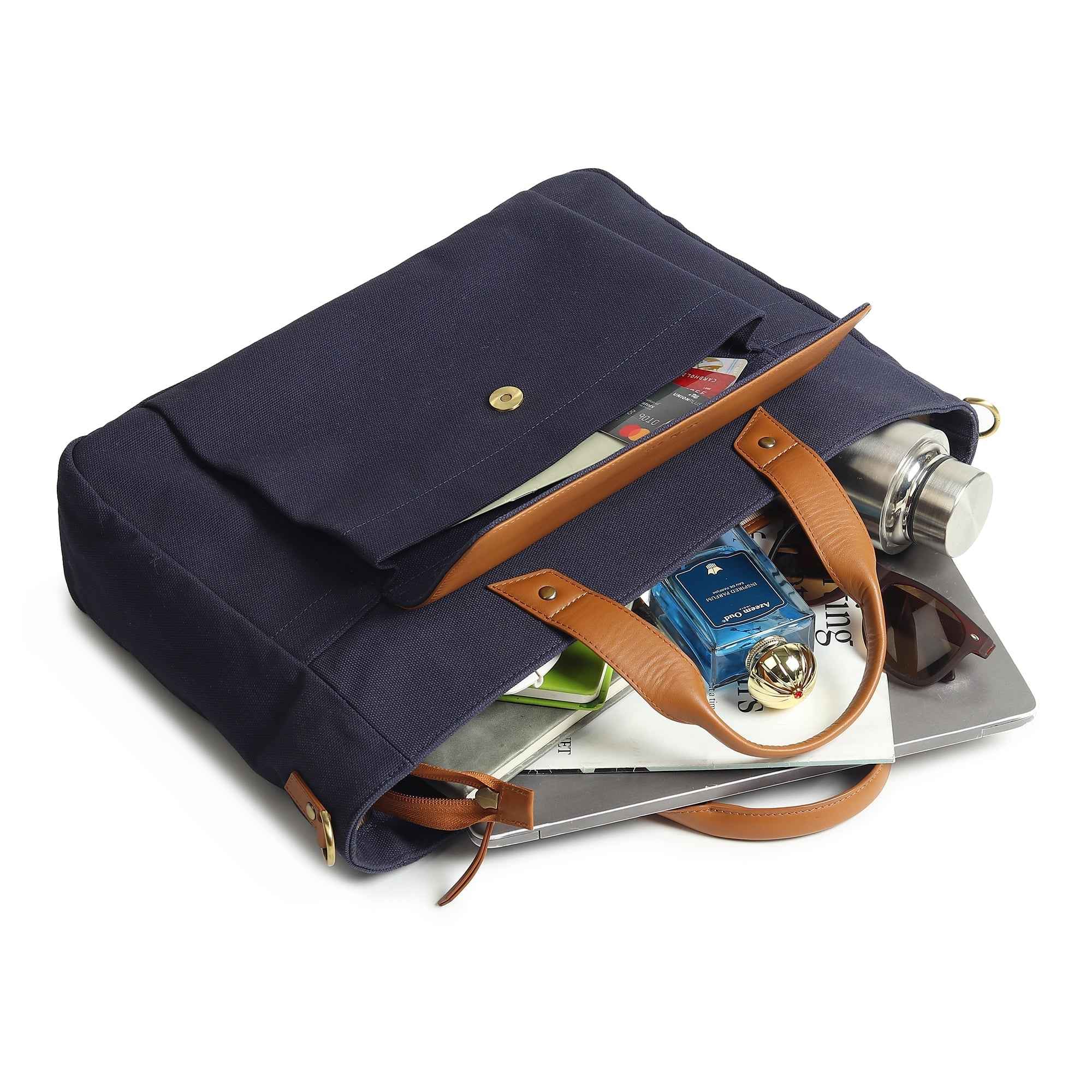 Voyager Canvas Leather Briefcase, Dark Blue