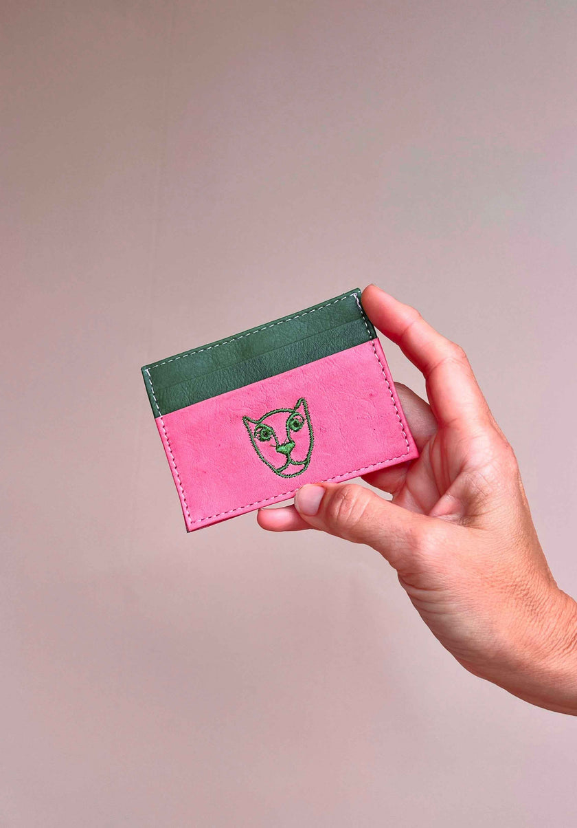 Jaguar Leather Card Holder Wallet Pink + Green