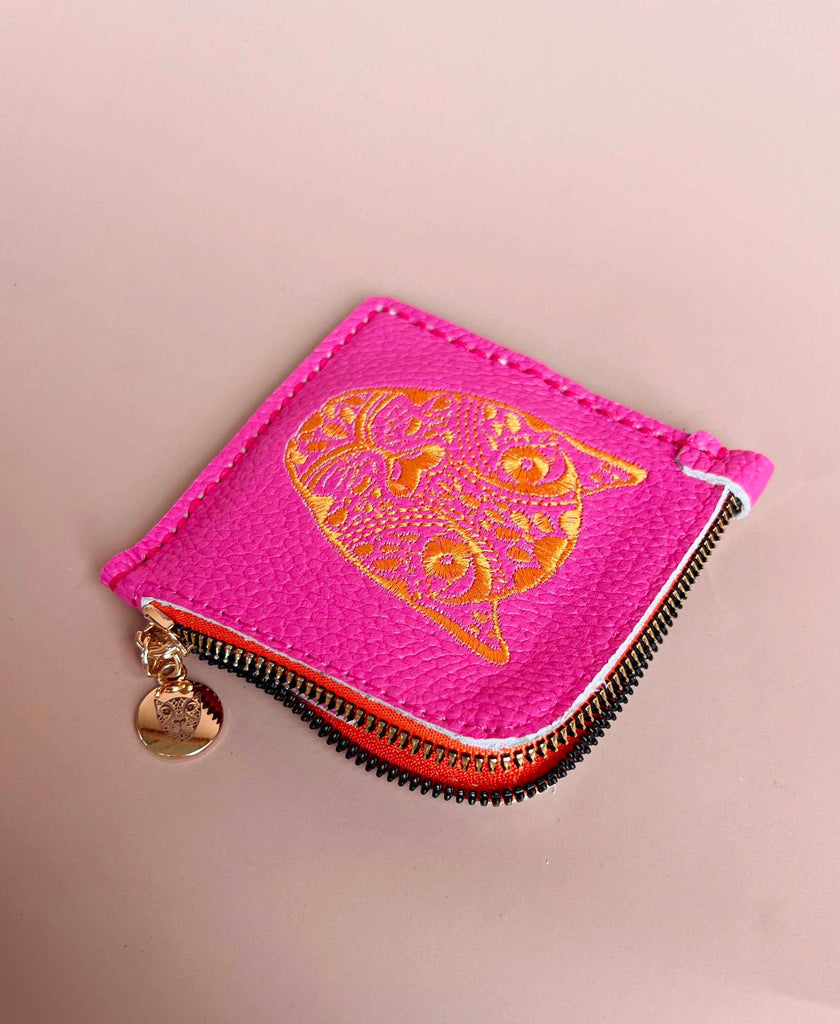 Jaguar Embroidered Zip Around Wallet Hot Pink With Orange