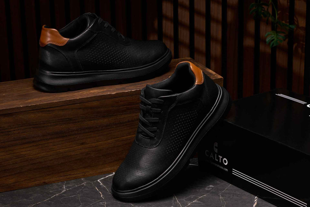 CALTO - J1580  - 2.6 Inches Taller (Black/Black Sole) - Lightweight Casual Walkers