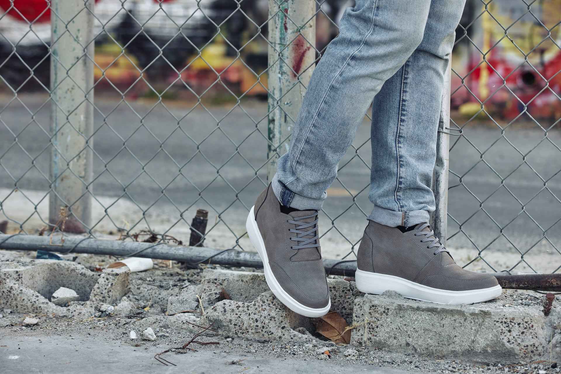 CALTO - J1771  - 3.2 Inches Taller (Grey) - Casual Chunky Sole Boots – Soft Pebble Grain Nubuck Leather