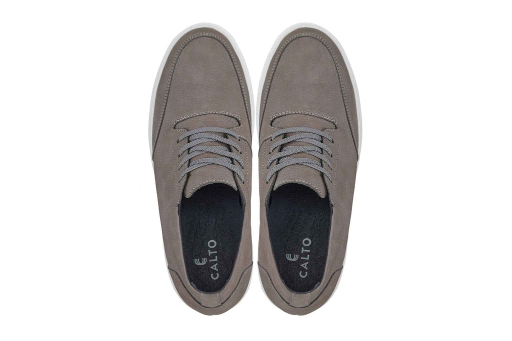 CALTO - J1771  - 3.2 Inches Taller (Grey) - Casual Chunky Sole Boots – Soft Pebble Grain Nubuck Leather