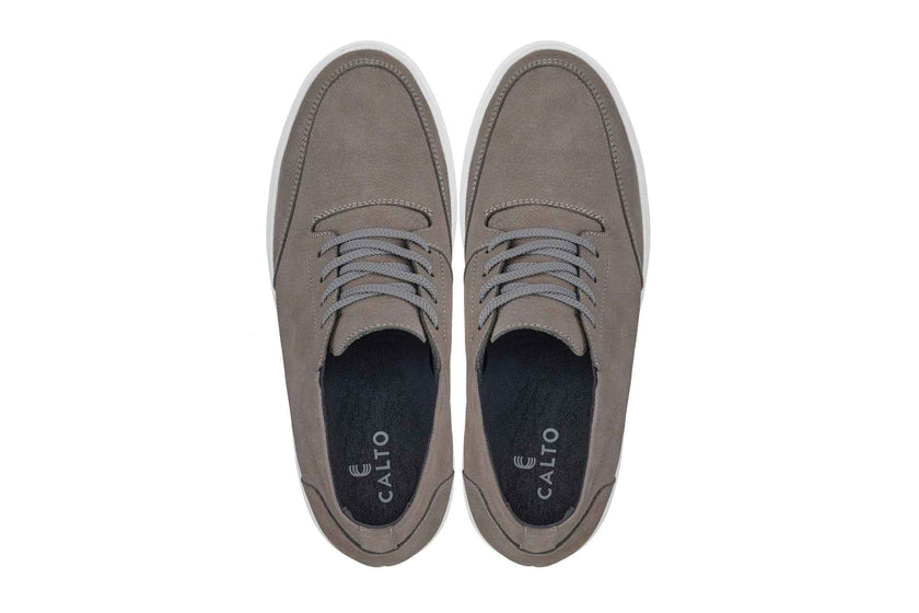 CALTO - J1771  - 3.2 Inches Taller (Grey) - Casual Chunky Sole Boots – Soft Pebble Grain Nubuck Leather
