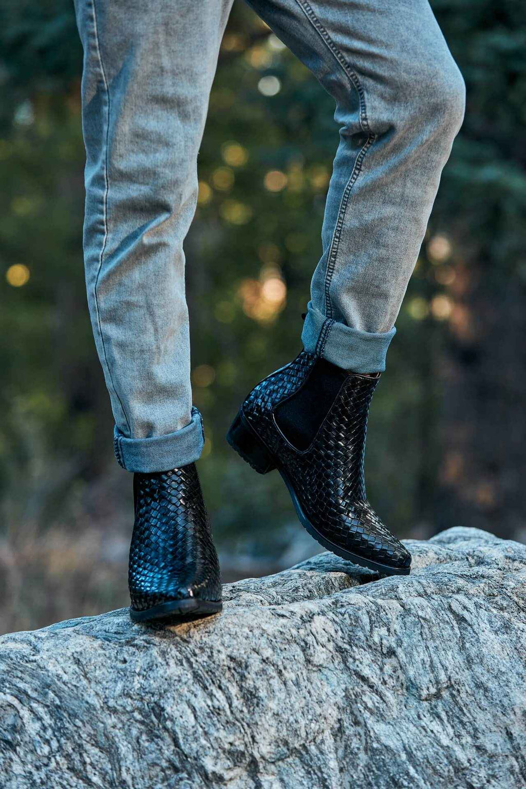 CALTO - K30521 - 3.3 Inches Taller (Black) - Woven Slip-On High-Top Chelsea Ankle Boots
