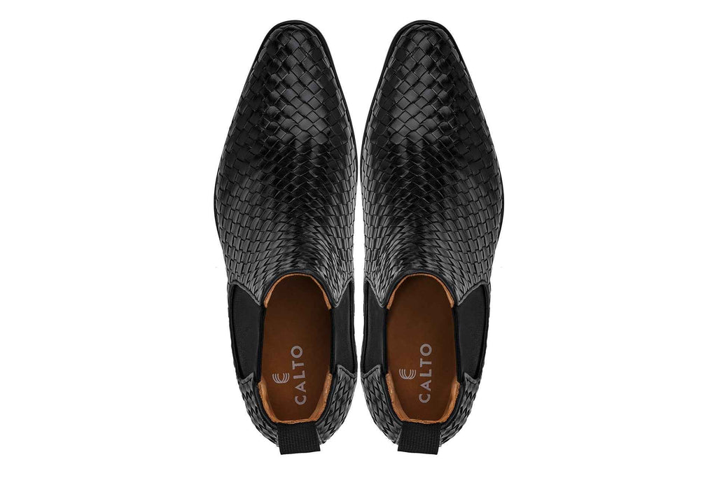 CALTO - K30521 - 3.3 Inches Taller (Black) - Woven Slip-On High-Top Chelsea Ankle Boots