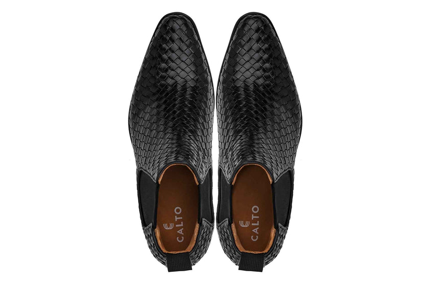 CALTO - K30521 - 3.3 Inches Taller (Black) - Woven Slip-On High-Top Chelsea Ankle Boots