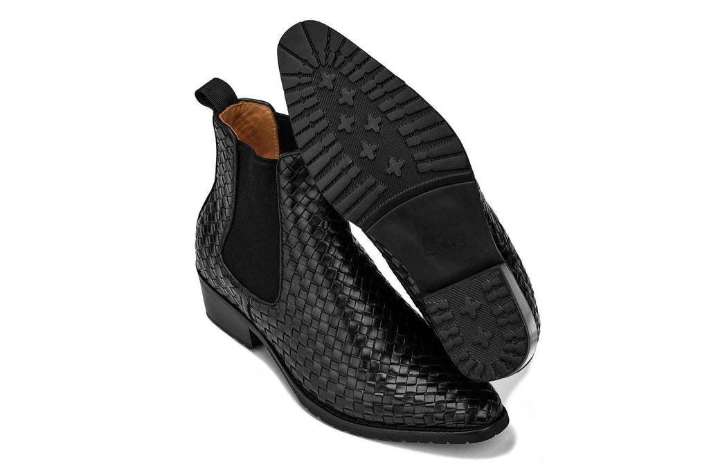 CALTO - K30521 - 3.3 Inches Taller (Black) - Woven Slip-On High-Top Chelsea Ankle Boots