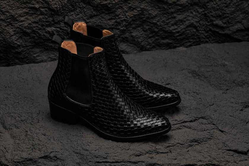 CALTO - K30521 - 3.3 Inches Taller (Black) - Woven Slip-On High-Top Chelsea Ankle Boots