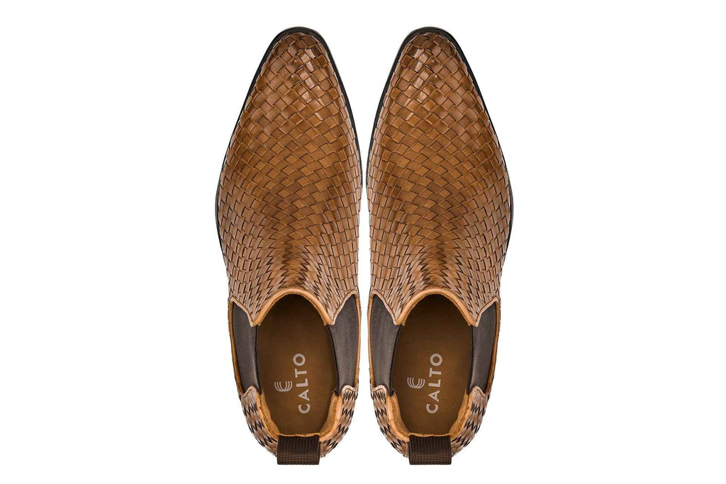 CALTO - K30522 - 3.3 Inches Taller (Brown) - Woven Chelsea High-Top Slip-On Ankle Boots