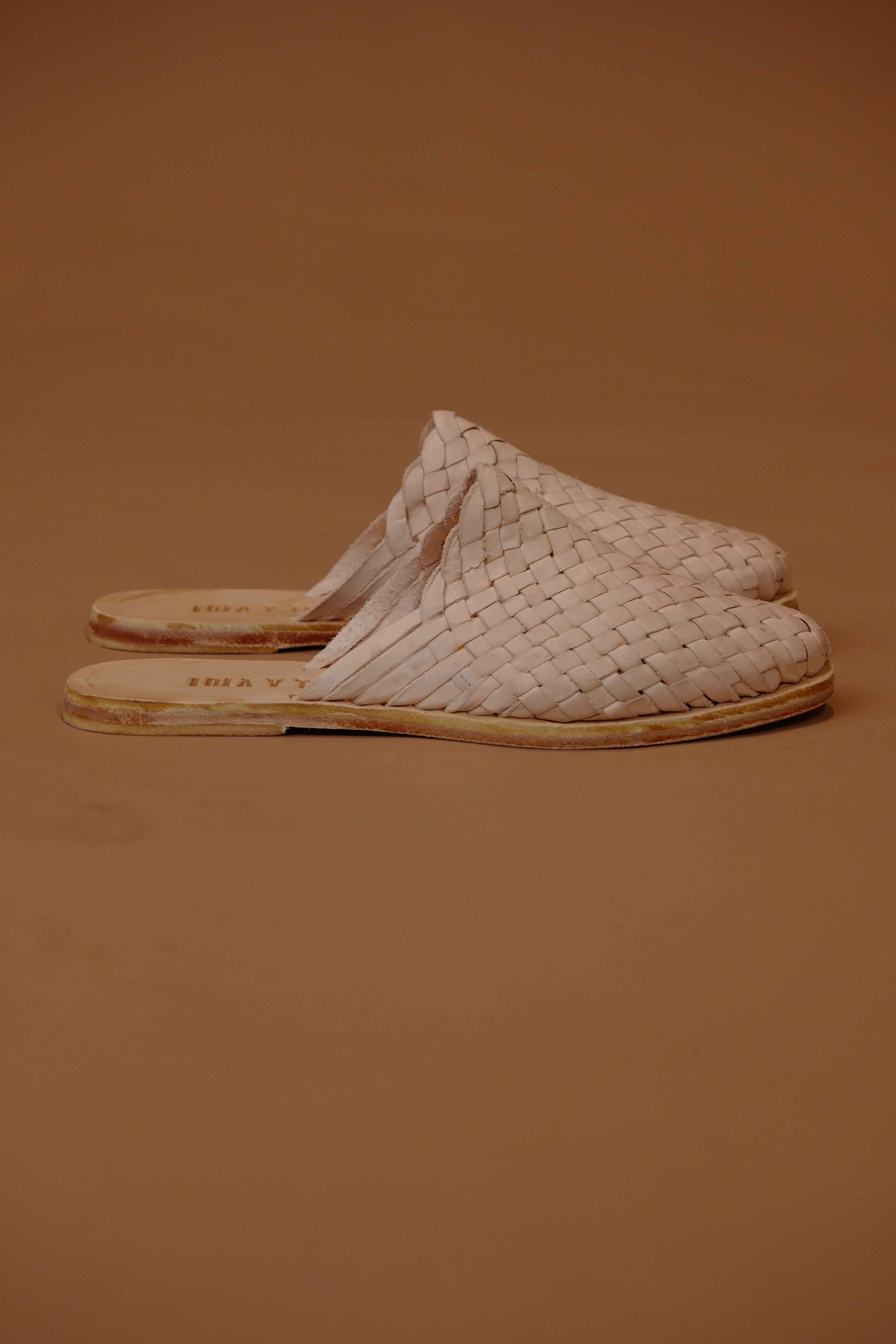 Hand Woven Leather Slides Cream