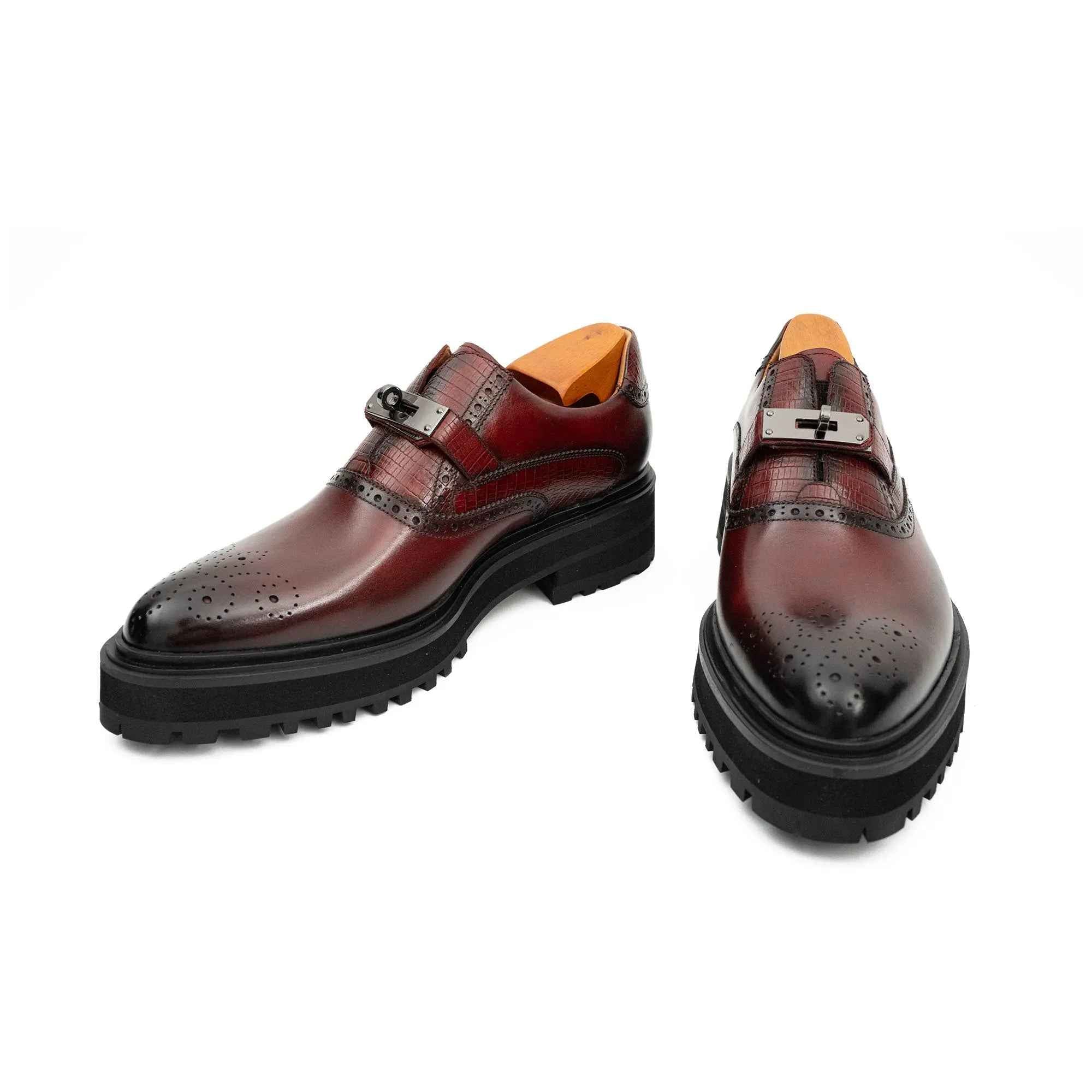 Men's Brogue Detail Leather Loafers Burgundy