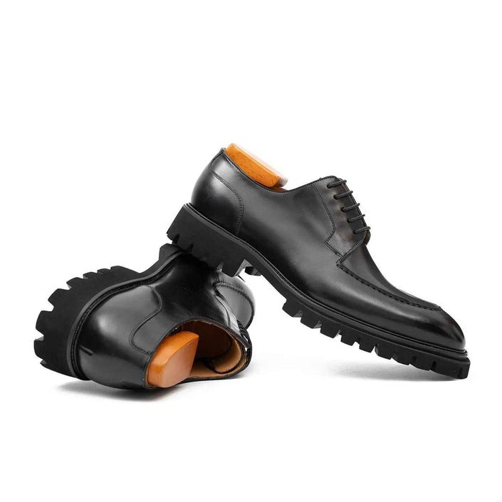 Men's Classic Black Derby Leather Shoes with Lug Sole