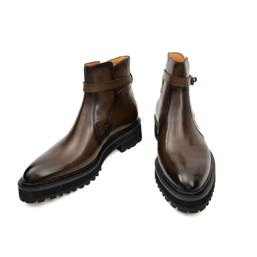 Men's Coffee Calfskin Buckle Chelsea Boots