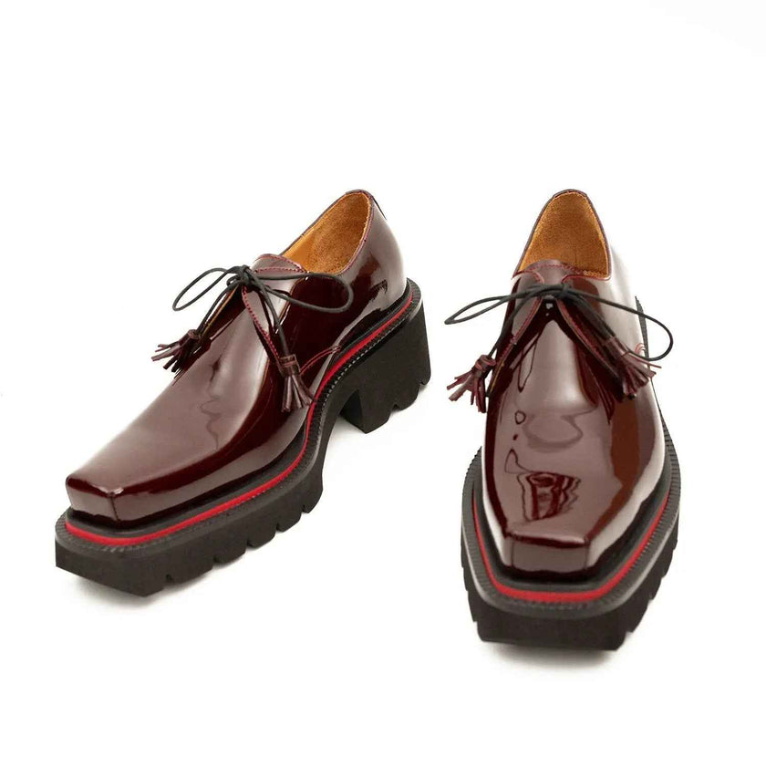 Men's Patent Leather Wine Red Derby Shoes with Chunky Sole
