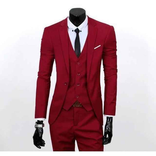 Men's Red One Button Slim Fit Suit - Three Piece