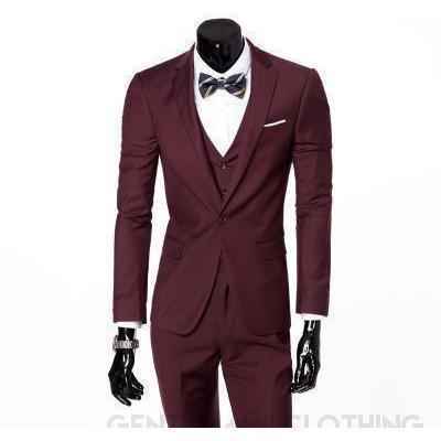 Men's Wine One Button Slim Fit Suit - Three Piece