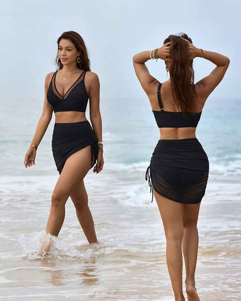 Mesh High Waisted Tummy Control Sarong Wraps Bikini Set