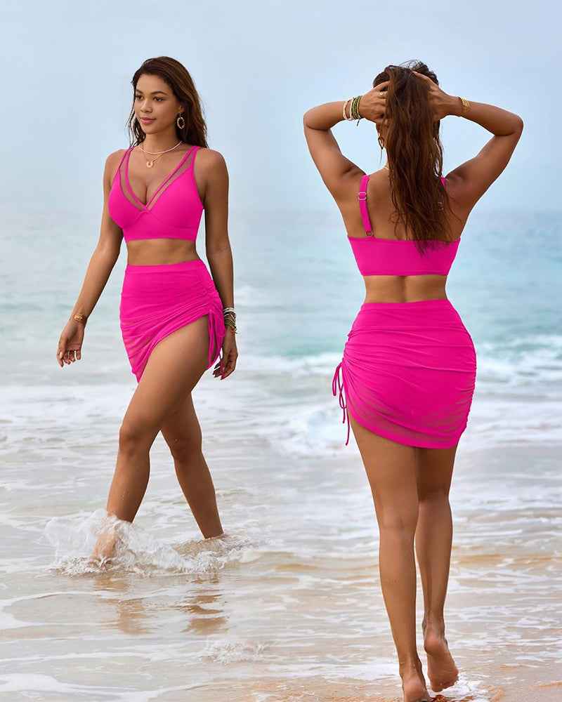 Mesh High Waisted Tummy Control Sarong Wraps Bikini Set