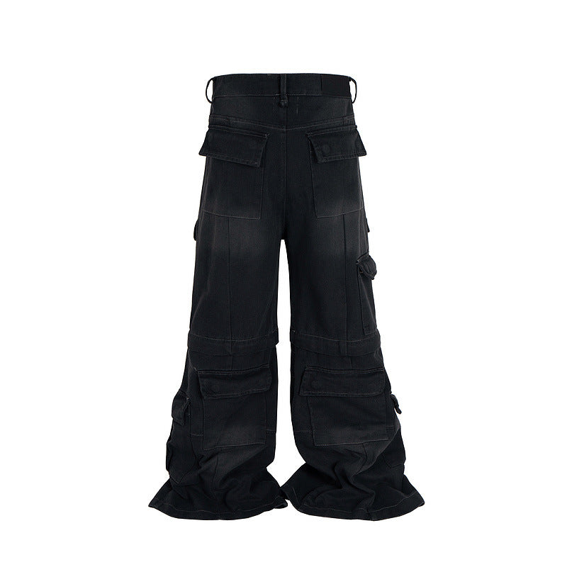 Detachable Worn Looking Washed-out Multi-pocket Detachable Two-way Wear Micro-pull Overalls - Pikemla