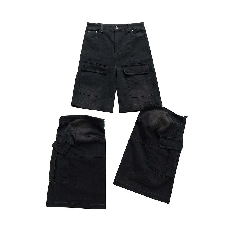 Detachable Worn Looking Washed-out Multi-pocket Detachable Two-way Wear Micro-pull Overalls - Pikemla