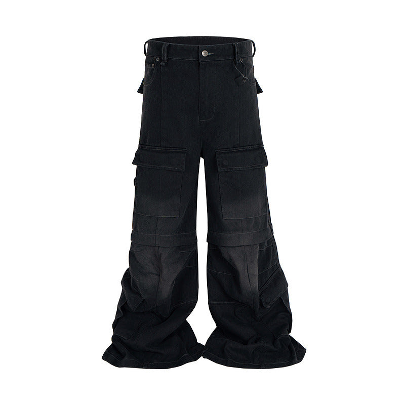 Detachable Worn Looking Washed-out Multi-pocket Detachable Two-way Wear Micro-pull Overalls - Pikemla